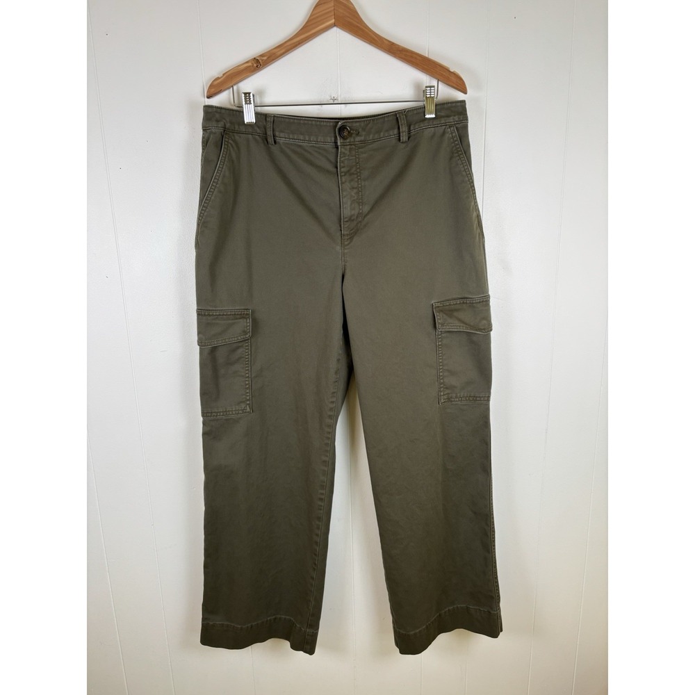 LOFT Womens Sz 14 Khaki Green Wide Leg Cotton Cargo Pants Pockets High Waist